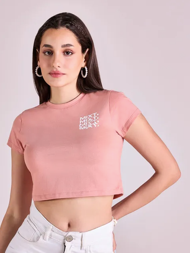 ピンクラウンドネックプリントTシャツ